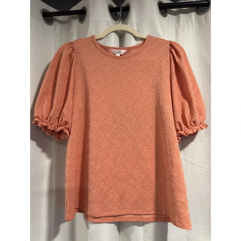 LC‎ Lauren Conrad Coral Orange Floral Eyelet Puff Sleeve Top Sz S